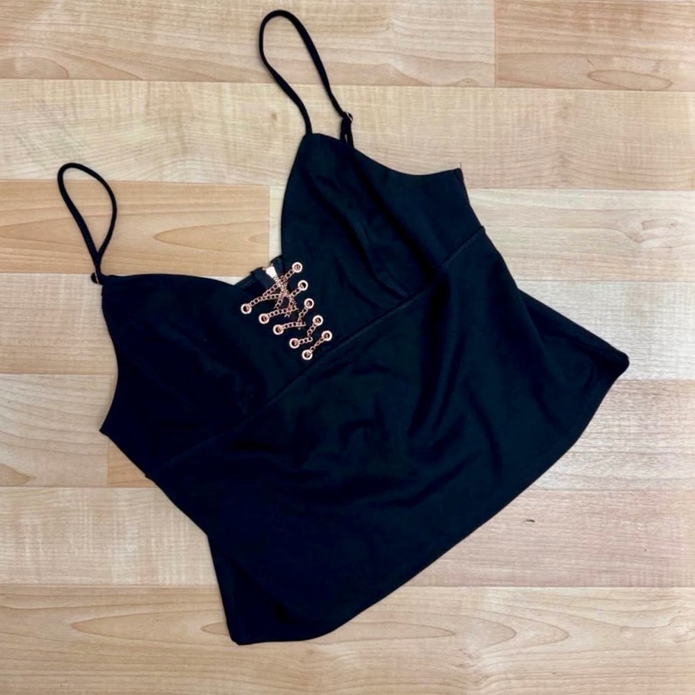 Guess Black Cami Top Rose Gold Chain Lace Up Detail L NWT